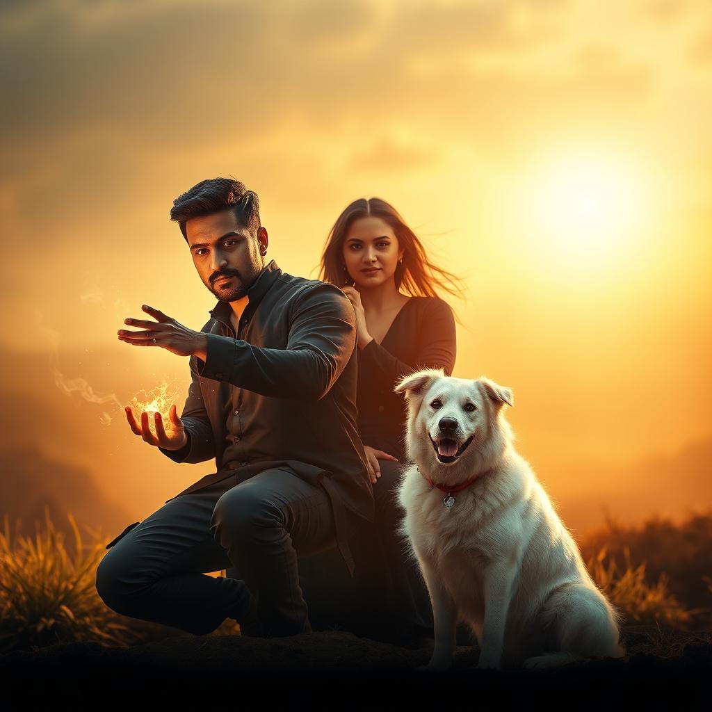 A cinematic film poster featuring a dramatic scene with a 27-year-old Indian man with a dark complexion and short hair, wearing a stylish black shrug and black cargo pants, engaged in performing black magic