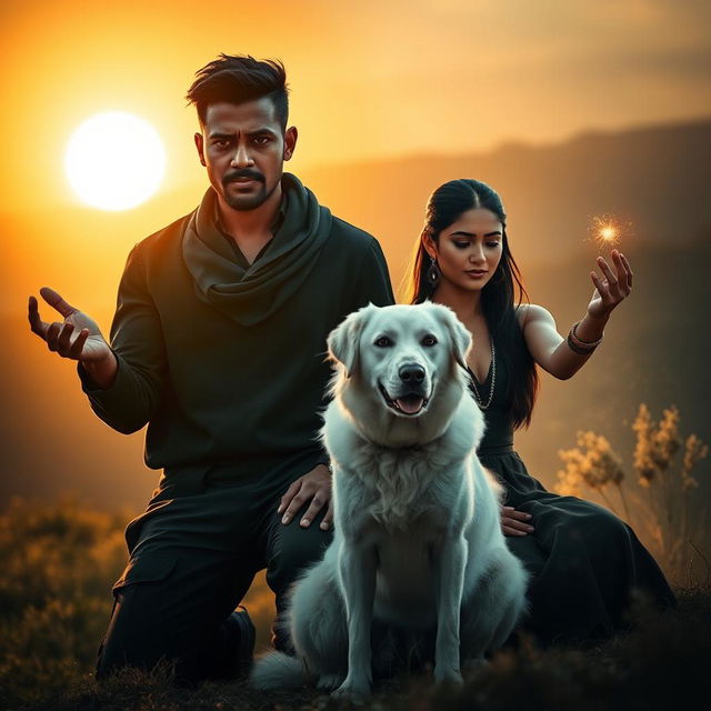 A cinematic film poster featuring a dramatic scene with a 27-year-old Indian man with a dark complexion and short hair, wearing a stylish black shrug and black cargo pants, engaged in performing black magic