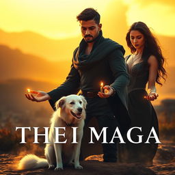 A cinematic film poster featuring a dramatic scene with a 27-year-old Indian man with a dark complexion and short hair, wearing a stylish black shrug and black cargo pants, engaged in performing black magic