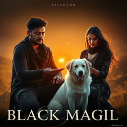 A cinematic film poster featuring a dramatic scene with a 27-year-old Indian man with a dark complexion and short hair, wearing a stylish black shrug and black cargo pants, engaged in performing black magic