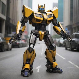 Transformers character Bumblebee, now sporting a change in color from his iconic yellow to a Deception-inspired scheme, bearing the Decepticon insignia rather than his usual Autobot sign.