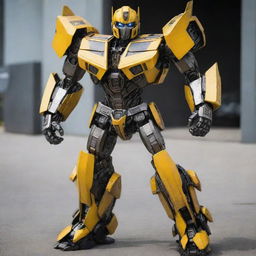 Transformers character Bumblebee, now sporting a change in color from his iconic yellow to a Deception-inspired scheme, bearing the Decepticon insignia rather than his usual Autobot sign.