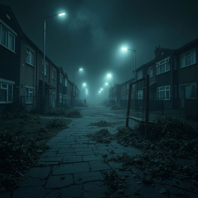 A haunting and desolate council estate at night, overgrown weeds infiltrating the cracked pavement, dimly lit street lights casting eerie shadows