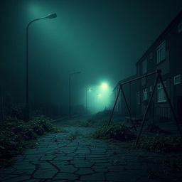 A haunting and desolate council estate at night, overgrown weeds infiltrating the cracked pavement, dimly lit street lights casting eerie shadows