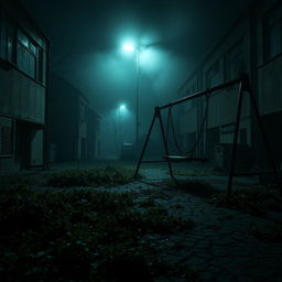 A haunting and desolate council estate at night, overgrown weeds infiltrating the cracked pavement, dimly lit street lights casting eerie shadows