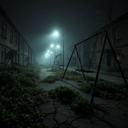 A haunting and desolate council estate at night, overgrown weeds infiltrating the cracked pavement, dimly lit street lights casting eerie shadows