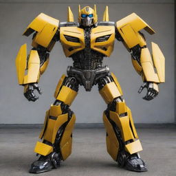 Transformers character Bumblebee, now sporting a change in color from his iconic yellow to a Deception-inspired scheme, bearing the Decepticon insignia rather than his usual Autobot sign.