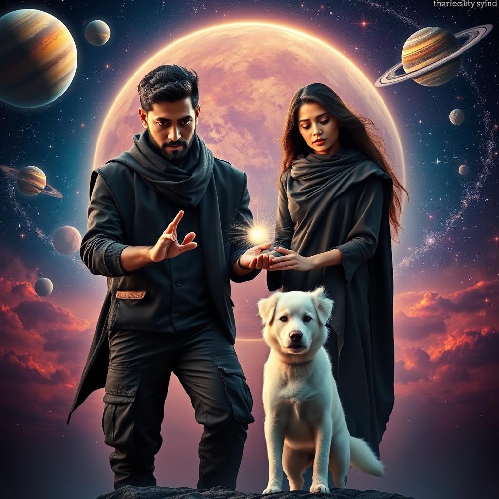 A cinematic film poster set against the stunning backdrop of a vibrant solar system, featuring a 27-year-old Indian man with a dark complexion and short hair, dressed in a stylish black shrug and black cargo pants as he performs black magic