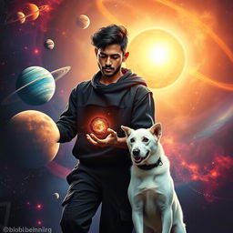 A cinematic film poster set against the stunning backdrop of a vibrant solar system, featuring a 27-year-old Indian man with a dark complexion and short hair, dressed in a stylish black shrug and black cargo pants as he performs black magic