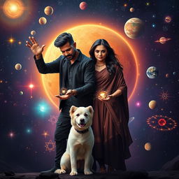 A cinematic film poster set against the stunning backdrop of a vibrant solar system, featuring a 27-year-old Indian man with a dark complexion and short hair, dressed in a stylish black shrug and black cargo pants as he performs black magic