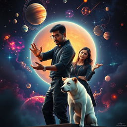 A cinematic film poster set against the stunning backdrop of a vibrant solar system, featuring a 27-year-old Indian man with a dark complexion and short hair, dressed in a stylish black shrug and black cargo pants as he performs black magic