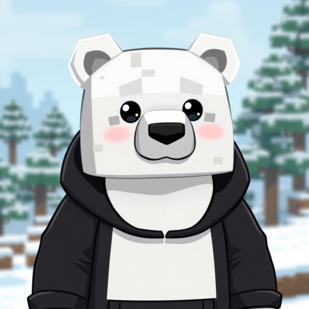 A cartoon polar bear wearing a black hoodie, animated in a Minecraft style