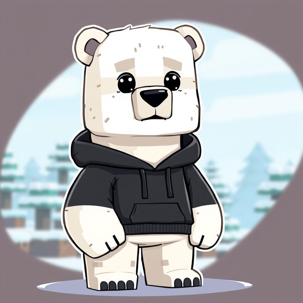 A cartoon polar bear wearing a black hoodie, animated in a Minecraft style