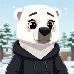 A cartoon polar bear wearing a black hoodie, animated in a Minecraft style