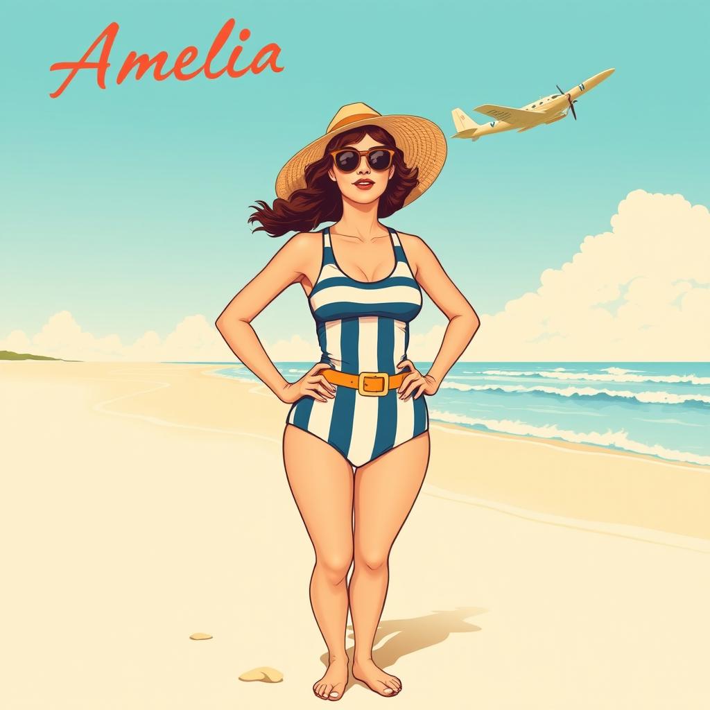 A vintage-style illustration of Amelia Earhart wearing a classic 1930s swimsuit, standing confidently on the sandy beach