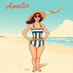 A vintage-style illustration of Amelia Earhart wearing a classic 1930s swimsuit, standing confidently on the sandy beach