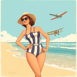 A vintage-style illustration of Amelia Earhart wearing a classic 1930s swimsuit, standing confidently on the sandy beach