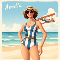 A vintage-style illustration of Amelia Earhart wearing a classic 1930s swimsuit, standing confidently on the sandy beach