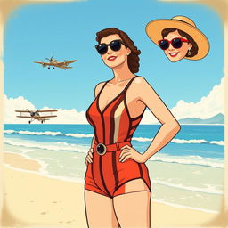 A vintage-style illustration of Amelia Earhart wearing a classic 1930s swimsuit, standing confidently on the sandy beach