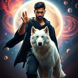 A cinematic film poster featuring a 27-year-old Indian man with a dark complexion and short hair, wearing a black shrug and black cargo pants