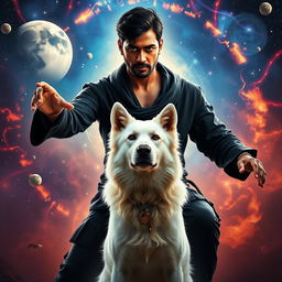 A cinematic film poster featuring a 27-year-old Indian man with a dark complexion and short hair, wearing a black shrug and black cargo pants