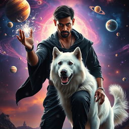 A cinematic film poster featuring a 27-year-old Indian man with a dark complexion and short hair, wearing a black shrug and black cargo pants