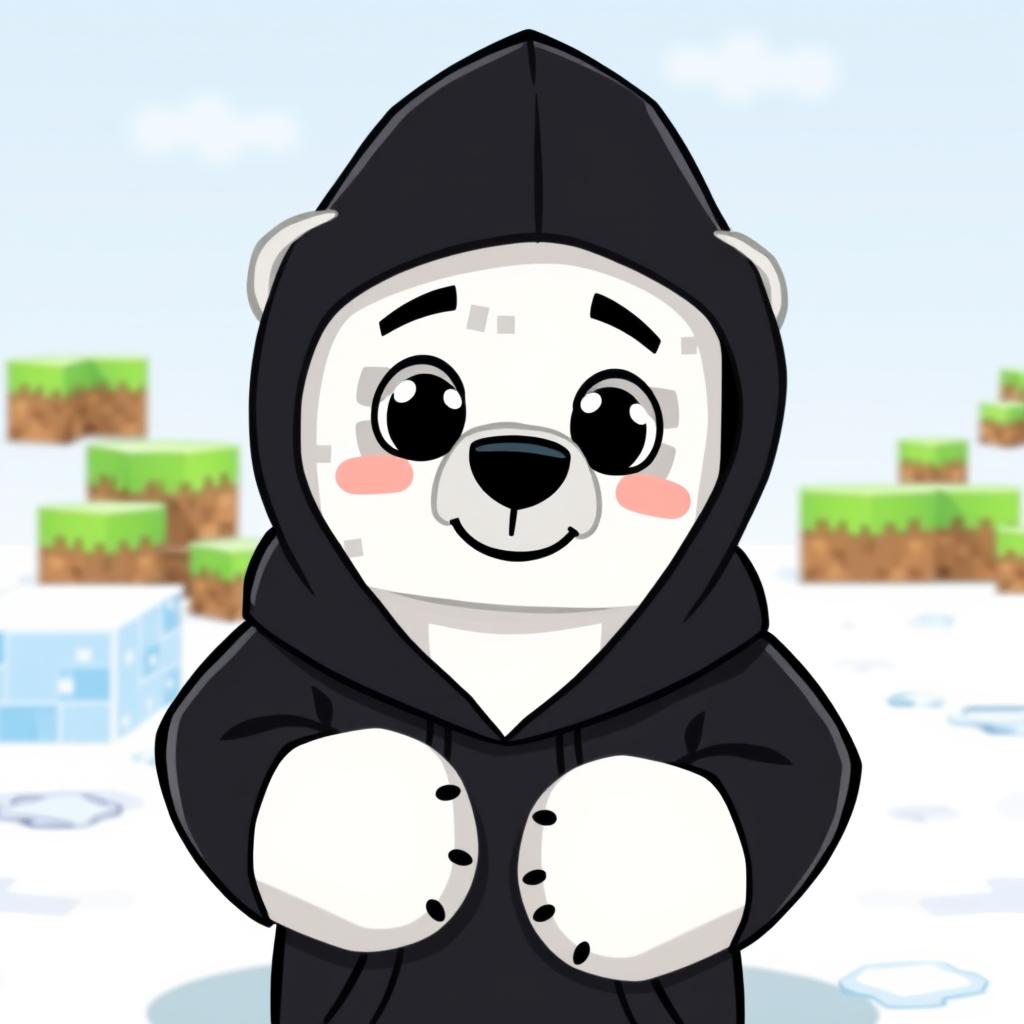 A cartoon-style polar bear wearing a black hoodie with a hood, designed in a Minecraft animation style