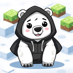 A cartoon-style polar bear wearing a black hoodie with a hood, designed in a Minecraft animation style