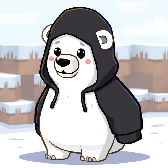 A cartoon-style polar bear wearing a black hoodie with a hood, designed in a Minecraft animation style