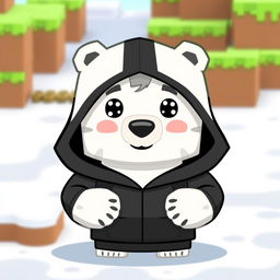 A cartoon-style polar bear wearing a black hoodie with a hood, designed in a Minecraft animation style