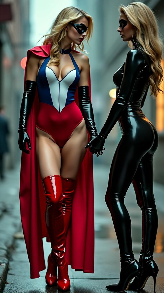 An engaging scene showcasing a blond Superheroine adorned in a vibrant red, white, and blue latex swimsuit, featuring long black leather opera gloves