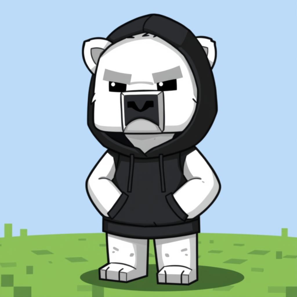 A cartoon-style polar bear wearing a black hoodie with a serious face, designed in the pixelated aesthetic typical of Minecraft