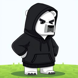 A cartoon-style polar bear wearing a black hoodie with a serious face, designed in the pixelated aesthetic typical of Minecraft