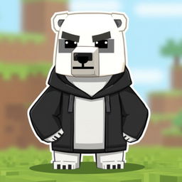 A cartoon-style polar bear wearing a black hoodie with a serious face, designed in the pixelated aesthetic typical of Minecraft