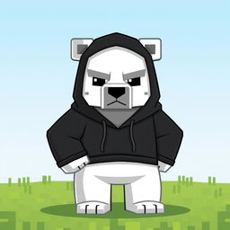 A cartoon-style polar bear wearing a black hoodie with a serious face, designed in the pixelated aesthetic typical of Minecraft