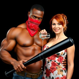 A close-up torso shot of two characters: a muscular African American man with a red bandana mask over his face, holding a large black baseball bat low in his grip