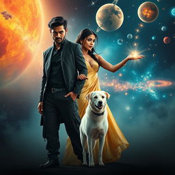 A cinematic film poster featuring a 27-year-old Indian man with a dark complexion and short hair, clad in a sleek black shrug and black cargo pants, practicing black magic