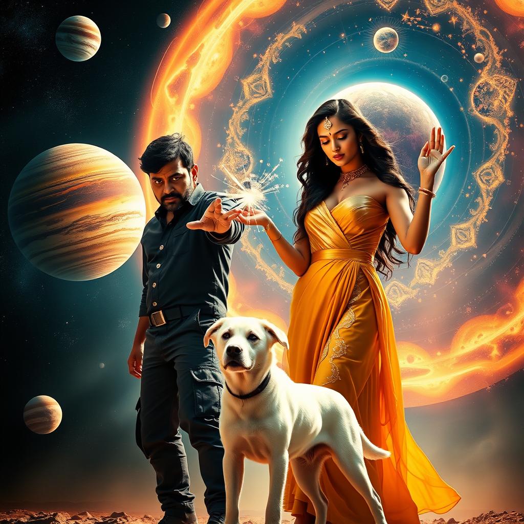 A cinematic film poster featuring a 27-year-old Indian man with a dark complexion and short hair, clad in a sleek black shrug and black cargo pants, practicing black magic