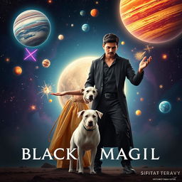 A cinematic film poster featuring a 27-year-old Indian man with a dark complexion and short hair, clad in a sleek black shrug and black cargo pants, practicing black magic