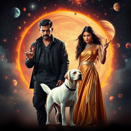 A cinematic film poster featuring a 27-year-old Indian man with a dark complexion and short hair, clad in a sleek black shrug and black cargo pants, practicing black magic