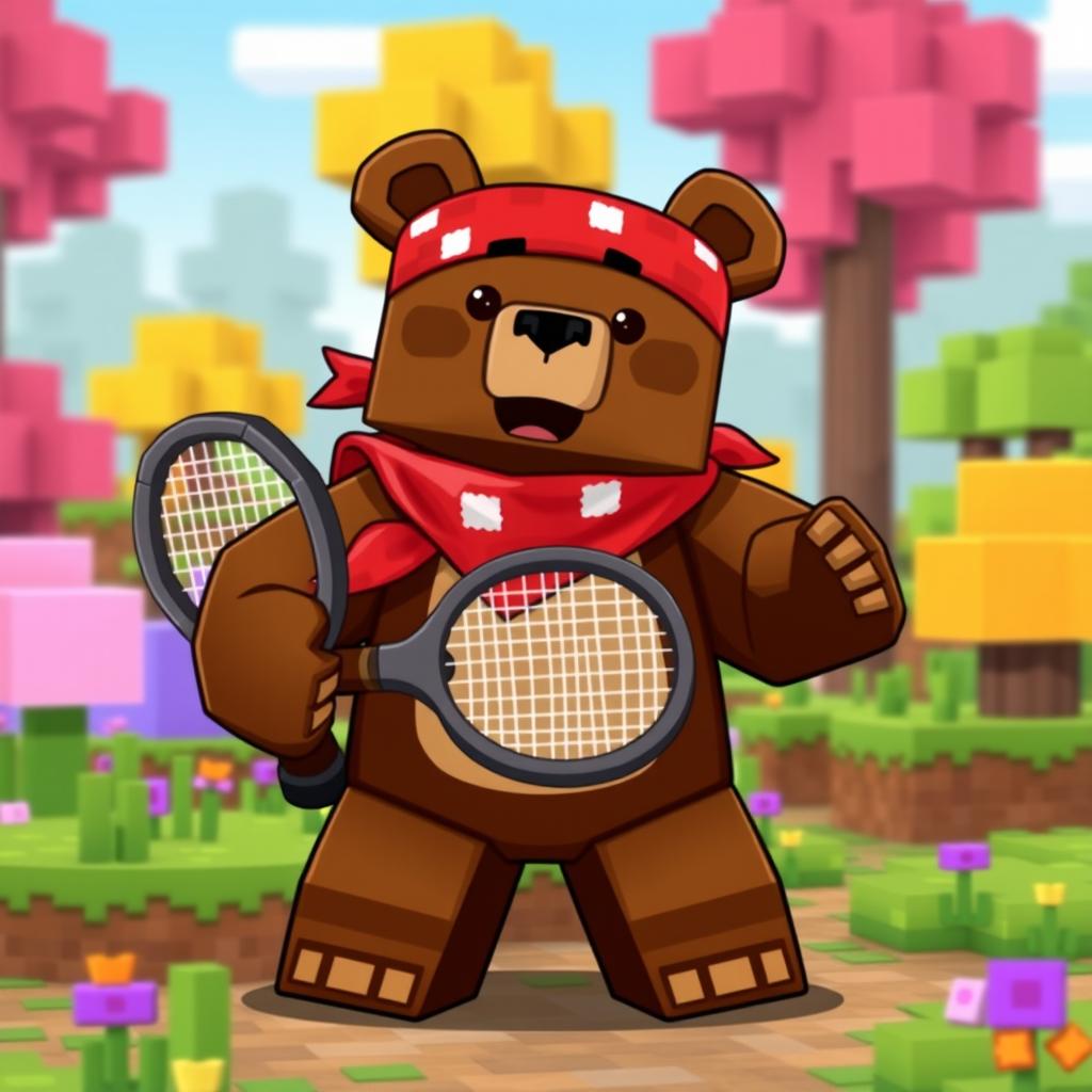 A cute animated brown bear wearing a red tennis bandana on its forehead, rendered in a Minecraft style