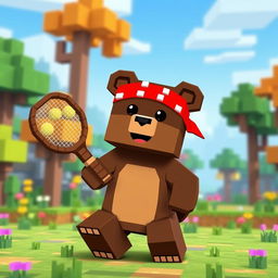 A cute animated brown bear wearing a red tennis bandana on its forehead, rendered in a Minecraft style