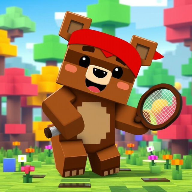 A cute animated brown bear wearing a red tennis bandana on its forehead, rendered in a Minecraft style