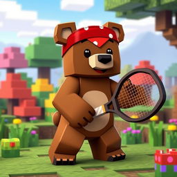 A cute animated brown bear wearing a red tennis bandana on its forehead, rendered in a Minecraft style