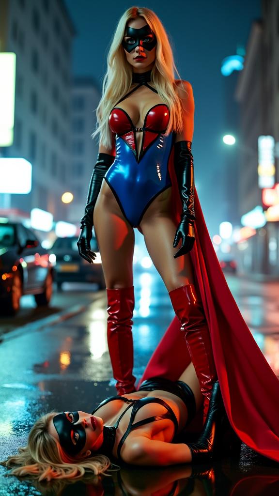 A powerful image capturing a blond Superheroine in a vibrant red, white, and blue latex swimsuit, complemented by long black leather opera gloves