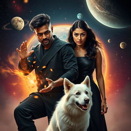 A cinematic film poster featuring a 27-year-old Indian man with a dark complexion and short hair, wearing a stylish black shrug and black cargo pants, performing black magic