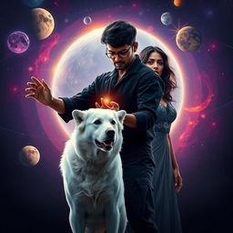 A cinematic film poster featuring a 27-year-old Indian man with a dark complexion and short hair, wearing a stylish black shrug and black cargo pants, performing black magic