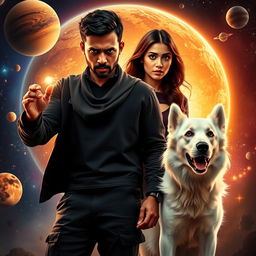 A cinematic film poster featuring a 27-year-old Indian man with a dark complexion and short hair, wearing a stylish black shrug and black cargo pants, performing black magic