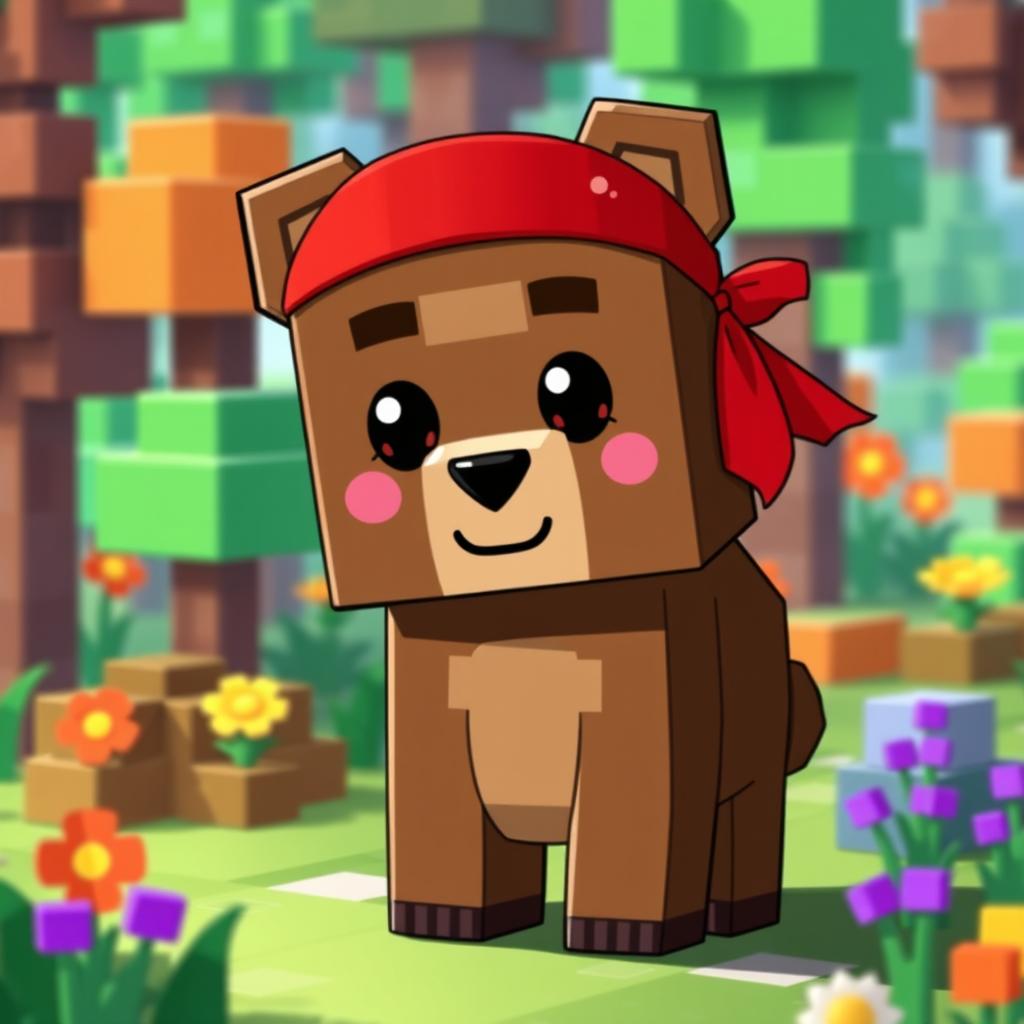 A cute animated brown bear wearing a red bandana around its forehead, styled like a Minecraft character