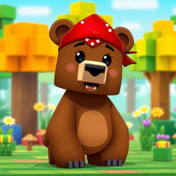 A cute animated brown bear wearing a red bandana around its forehead, styled like a Minecraft character